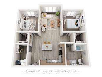 A 3D floor plan of a small apartment with a kitchen, living room, and bathroom.