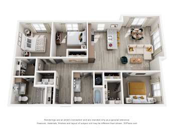 A 3D floor plan of a house with multiple rooms and furniture.