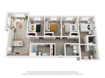 A 3D floor plan of a house with a kitchen, living room, and bathrooms.