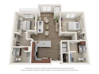 A 3D floor plan of a house with a kitchen, living room, and two bedrooms.
