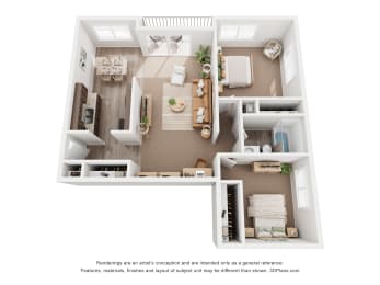 a stylized floor plan with a bedroom and a living room
