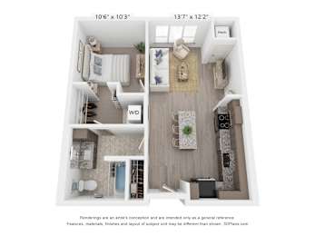 a 1 bedroom floorplan with a bedroom and a living room