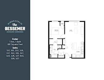 Cedar 1Bed 1Bath at The Bessemer at Seward Commons Apartments, MN, 55404