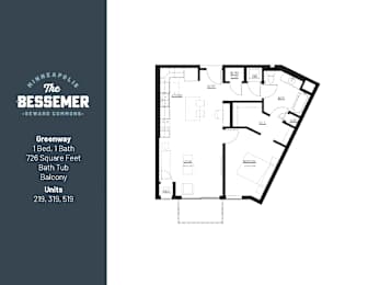1Bed 1Bath 726 sq.Ft. at The Bessemer at Seward Commons Apartments, Minneapolis, Minnesota