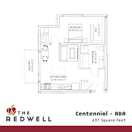 Centennial One Bedroom One Bathroom Floorplan at The Redwell Apartments, Minneapolis, MN 55401