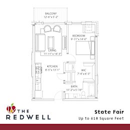 State Fair One Bedroom One Bathroom Floorplan at The Redwell Apartments, Minneapolis, 55401
