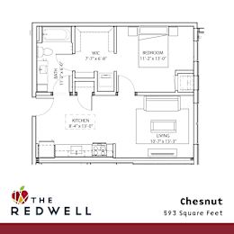 Chusnut One Bedroom One Bathroom Floorplan at The Redwell Apartments, Minneapolis, MN
