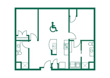 A floor plan of a building with a handicap symbol in the middle.