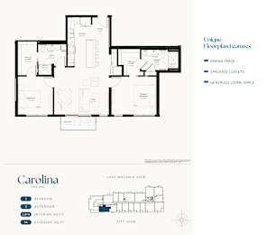A floor plan for a property named Carolina shows a layout with a bedroom, bathroom, and living areas.