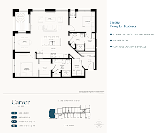 A floor plan of a two bedroom apartment with a detailed description of the interior and exterior square footage.