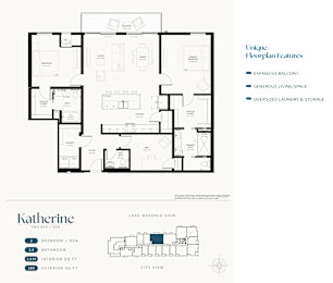 A floor plan for a two-bedroom, den apartment with a kitchen, living room, dining room, and two bathrooms.