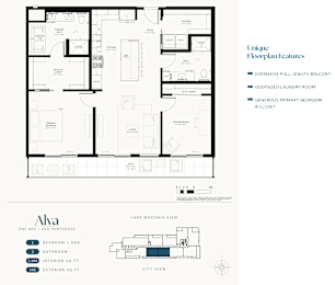 A floor plan for a one bedroom, pen penthouse apartment with a den, bathroom, and laundry room.