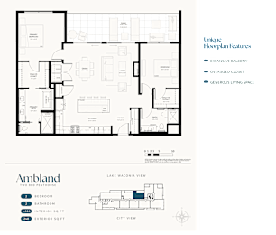 A floor plan of a two bedroom apartment with a unique layout featuring an expansive second level balcony and an oversized closet.