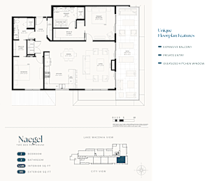 A floor plan for a two bedroom house with a unique feature of an oversized kitchen window.
