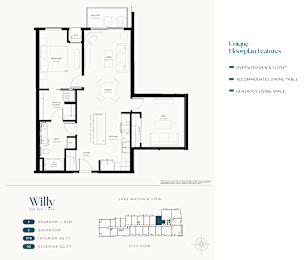 A floor plan of a house named Willy with a description of its unique features.