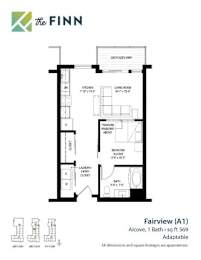A floor plan for a property by The Finn shows a bedroom, living room, and bathroom.