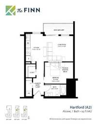 A floor plan for a property by The Finn shows a living room, a bedroom, a bathroom, and a laundry area.