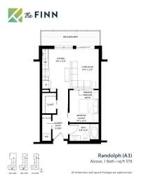 A floor plan for a one bathroom apartment with a living room and kitchen.