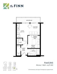 A floor plan for a Ford (A4) Alcove with 1 bath and 505 square feet.