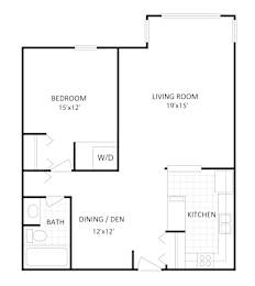 A floor plan of a small apartment with a bedroom, living room, kitchen, dining area and bathroom.