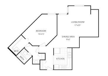 A floor plan of a home with a living room, dining area, kitchen, bedroom and bathroom.