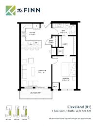 A floor plan for a property at The Finn shows a bedroom, bathroom, living room, and kitchen.