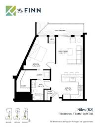 A floor plan for a one bedroom apartment at The Finn, showing the layout of the bedroom, bathroom, kitchen, and living room.