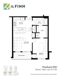 A floor plan for a property named Pinehurst (B3) with an alcove bathroom and dimensions of 751-765.