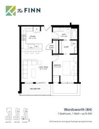 A floor plan for a 1 Bedroom, 1 Bath property by The Finn.