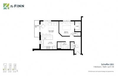 A floor plan for a Scheffer (B5) apartment with a kitchen, living room, and bathroom.