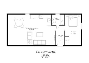 A floor plan of a one bedroom apartment with a kitchen and living room.