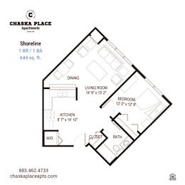 A floor plan for a one bedroom apartment at Chaska Place Apartments.