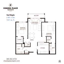 A floor plan for a 2 bedroom, 2 bathroom apartment at Chaska Place Apartments.