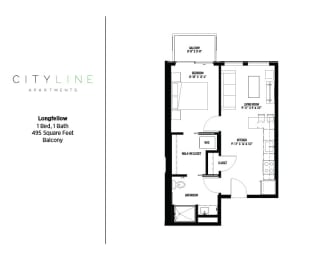 1 bedroom 1 bathroom Longfellow Floor Plan at CityLine Apartments, Minneapolis, 55406
