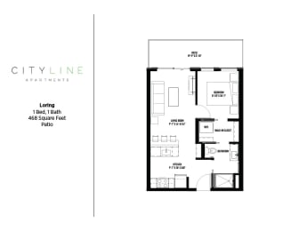 1 bedroom 1 bathroom Loring Floor Plan at CityLine Apartments, Minneapolis
