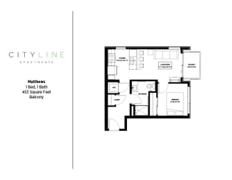 1 bedroom 1 bathroom Matthews Floor Plan at CityLine Apartments, Minneapolis, Minnesota