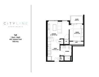 1 bedroom 1 bathroom Taft Floor Plan at CityLine Apartments, Minnesota
