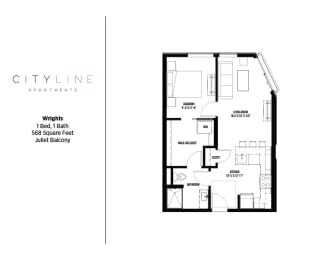 1 bedroom 1 bathroom Wrights Floor Plan at CityLine Apartments, Minneapolis, Minnesota