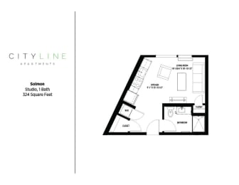 Studio 1 bathroom floor plan D at CityLine Apartments, Minnesota