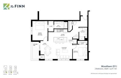 A floor plan for a property named Woodlawn (D1) with two bedrooms and two bathrooms.
