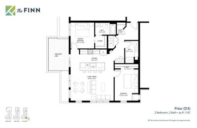 A floor plan for a home with two bedrooms and two bathrooms is shown.