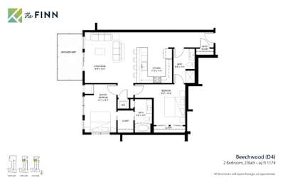 A floor plan for a property by The Finn shows a Beechwood (D4) layout with two bedrooms and two bathrooms.