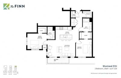 A floor plan for a D5 apartment in Montreal shows two bedrooms, two bathrooms, and a living area.
