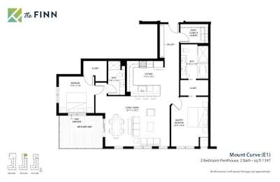 A floor plan for a property by The Finn shows a 2 bedroom penthouse with a bathroom and a living room.