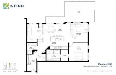 A floor plan for a property by The Finn shows a 2 bedroom penthouse with a bath and a kitchen.