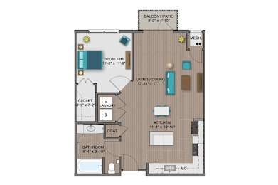 A floor plan of a house with a balcony, a bedroom, a bathroom, a kitchen, a living room, a dining room, and a closet.