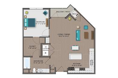 A floor plan of a house with a bedroom, bathroom, laundry, and kitchen.
