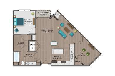 A floor plan of a house with a primary bedroom, living/dining area, kitchen, bathroom, and closet.