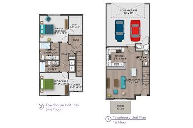 A diagram of a two-story townhouse unit plan with labeled rooms and dimensions.