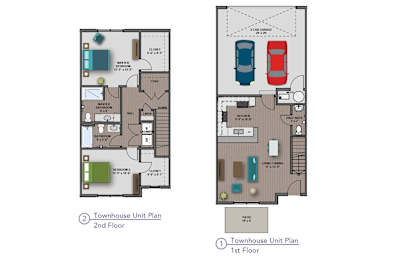 Two floor plan of a townhouse with labeled rooms.